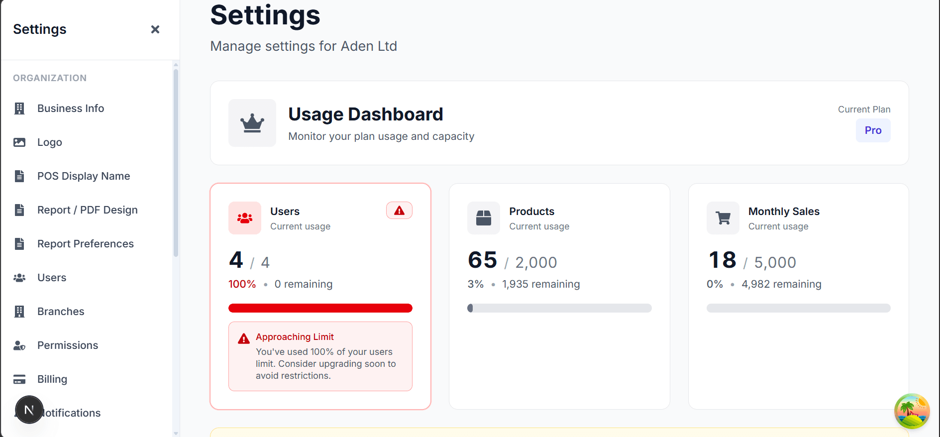 Adeera Business OS — Plan Usage & Settings