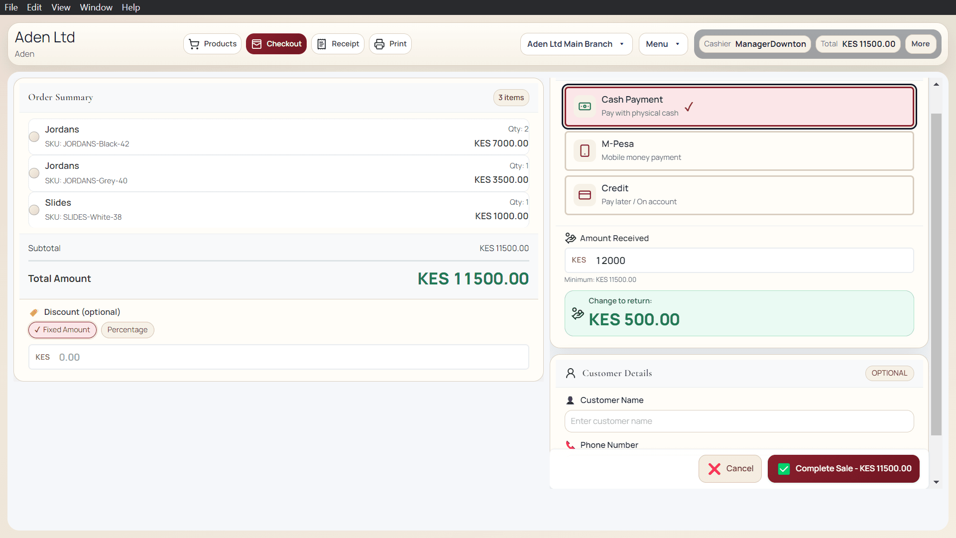 Adeera POS — Retail — Cash Tendered & Change Due