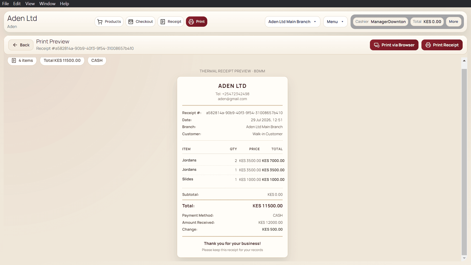 Adeera POS — Retail — Thermal Receipt Print Preview