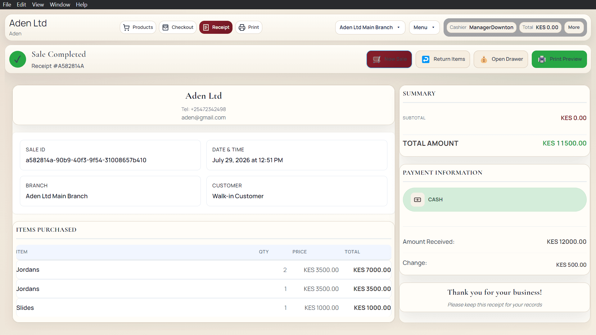 Adeera POS — Retail — Completed Sale Receipt