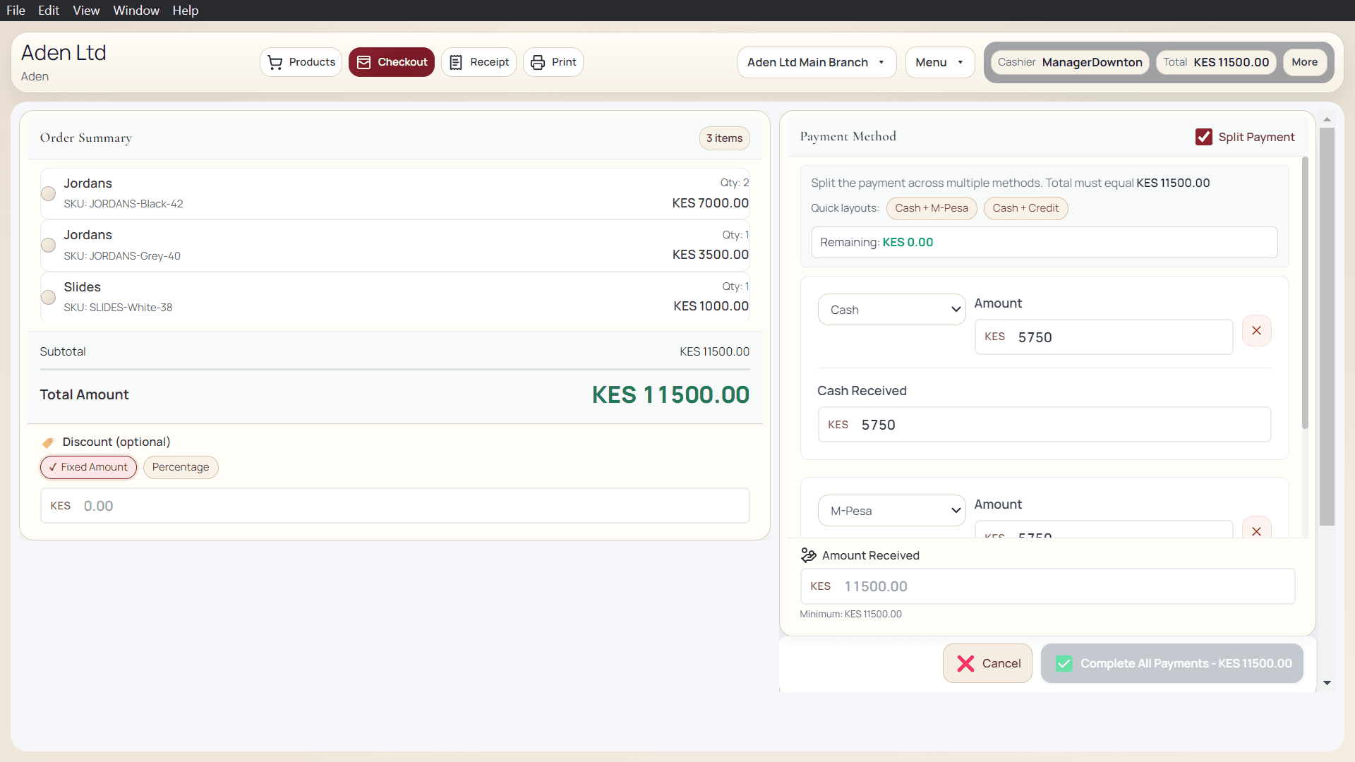 Adeera POS — Retail — Split Payment (Cash + M-Pesa)