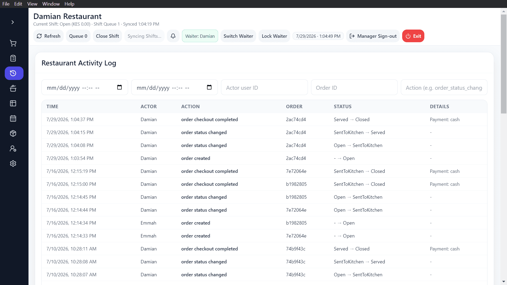 Adeera POS — Restaurant — Restaurant Activity Log