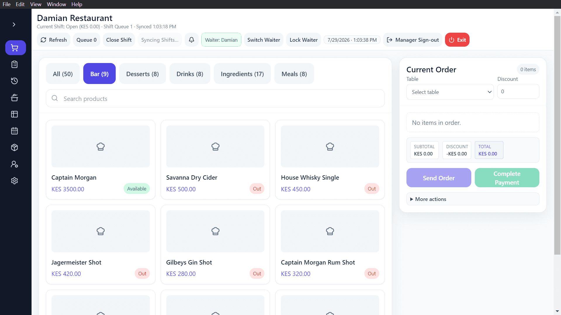 Adeera POS — Restaurant — Bar Menu & Stock Status