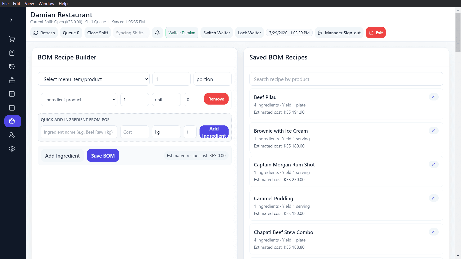 Adeera POS — Restaurant — BOM Recipe Builder & Costing