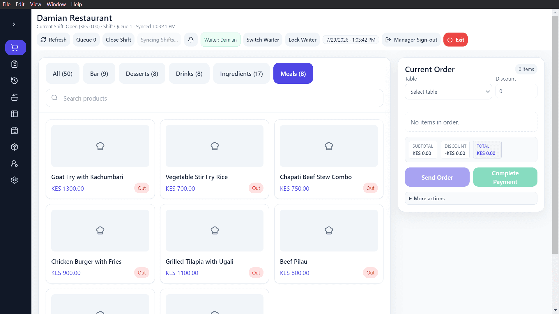 Adeera POS — Restaurant — Meals Menu & Availability