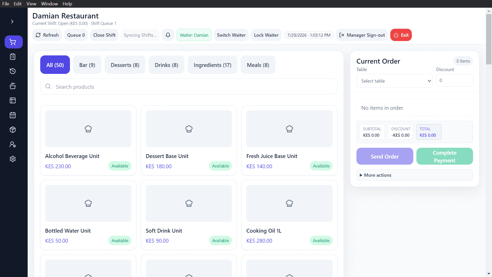 Adeera POS — Restaurant — Menu & Current Order