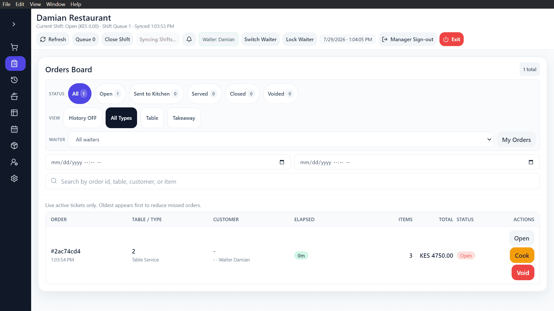 Adeera POS — Restaurant — Orders Board & Ticket Actions