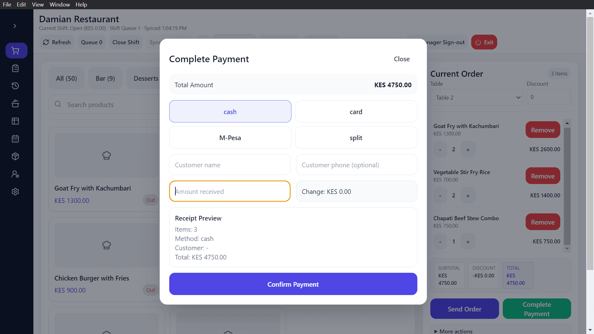 Adeera POS — Restaurant — Settling the Bill