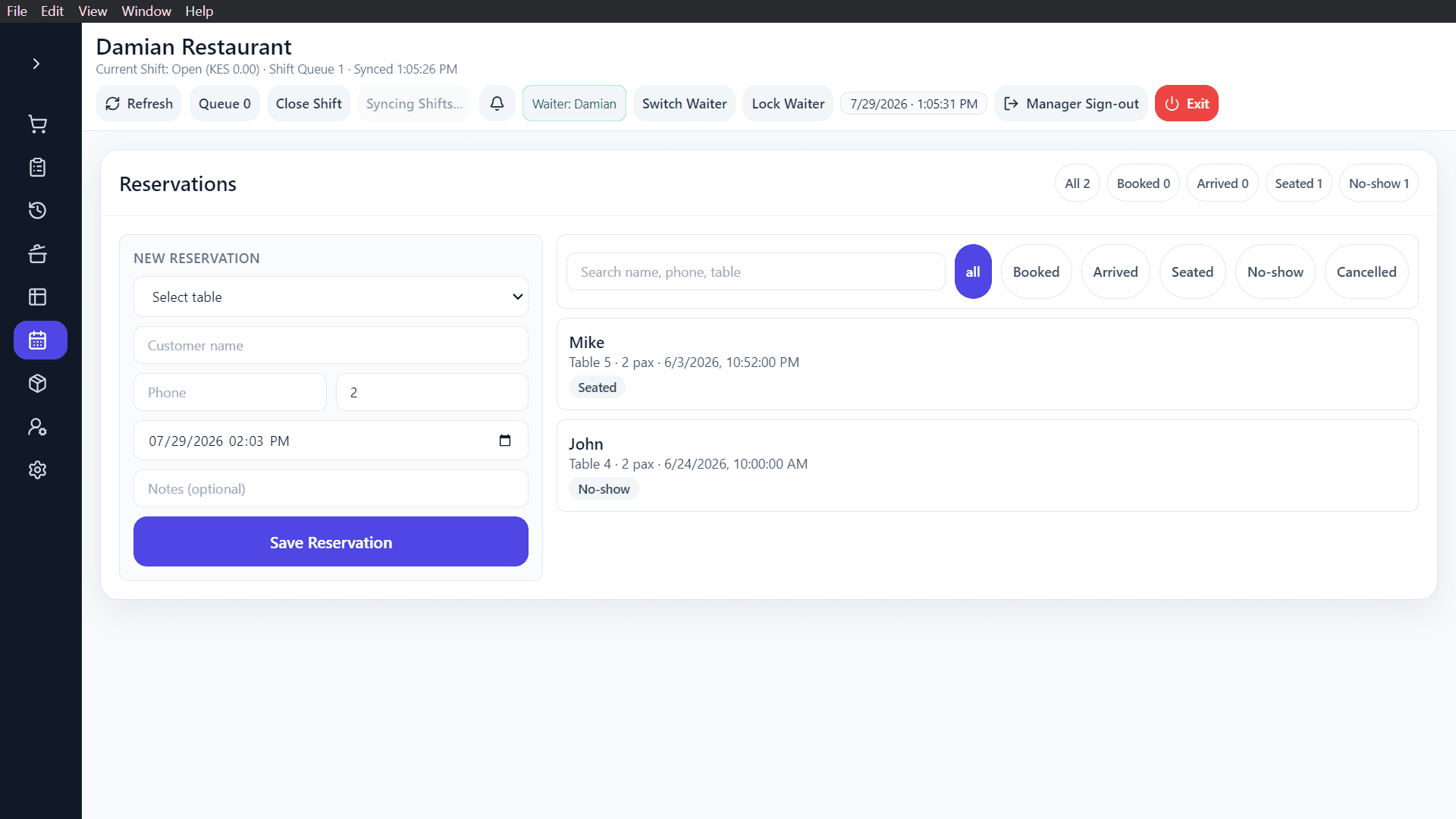 Adeera POS — Restaurant — Reservations & Guest Status