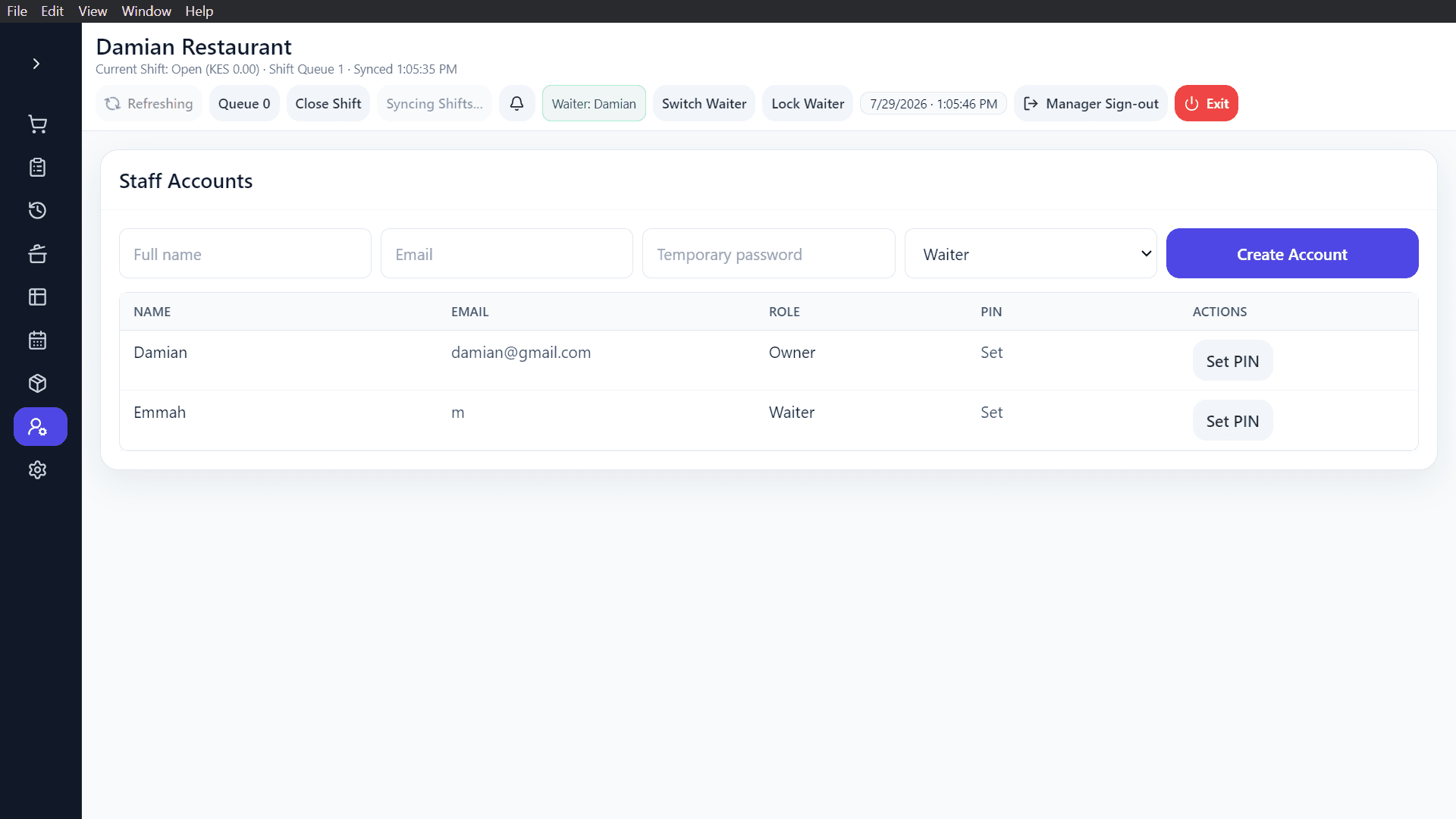 Adeera POS — Restaurant — Staff Accounts & PINs