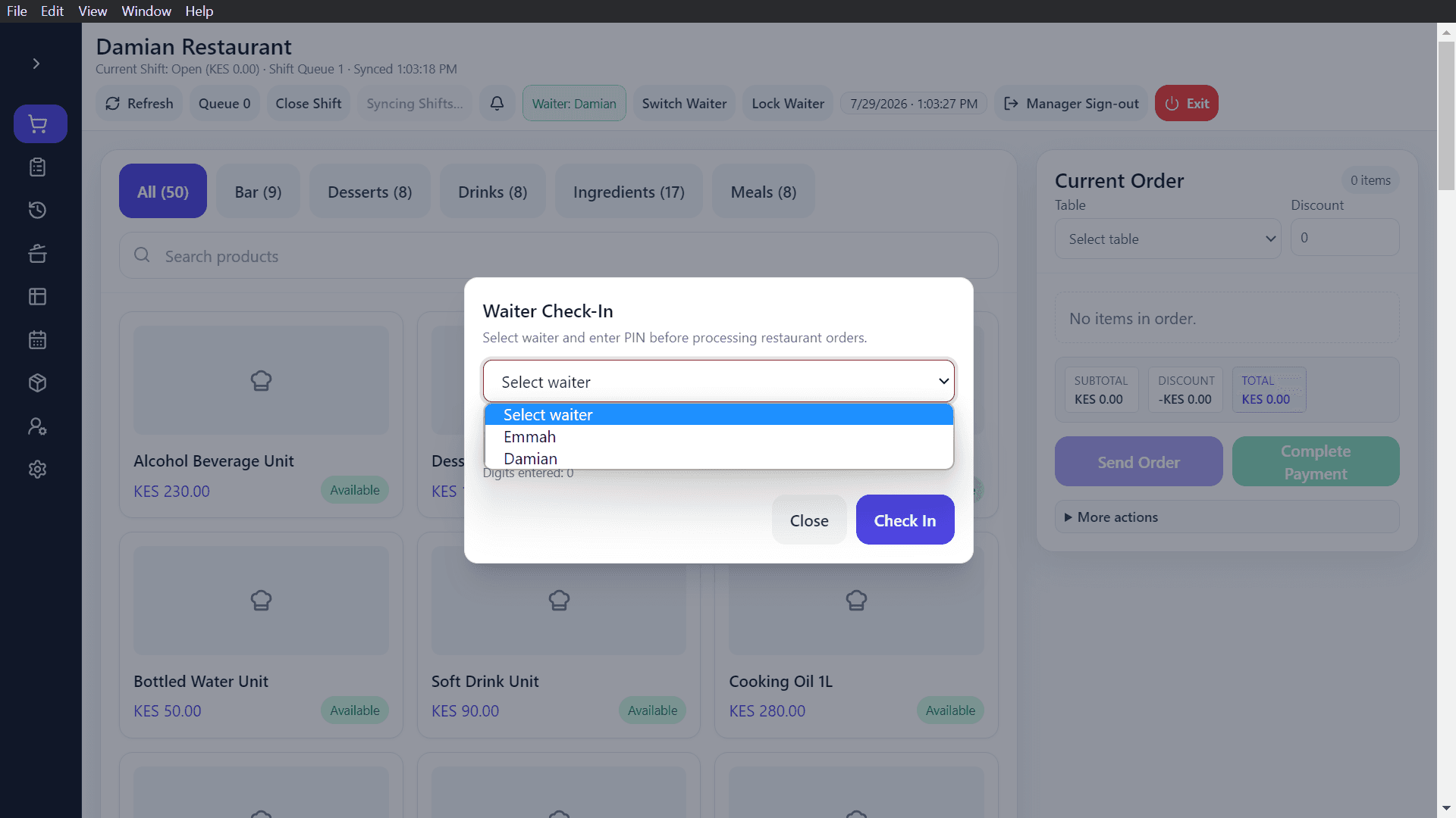 Adeera POS — Restaurant — Waiter Check-In