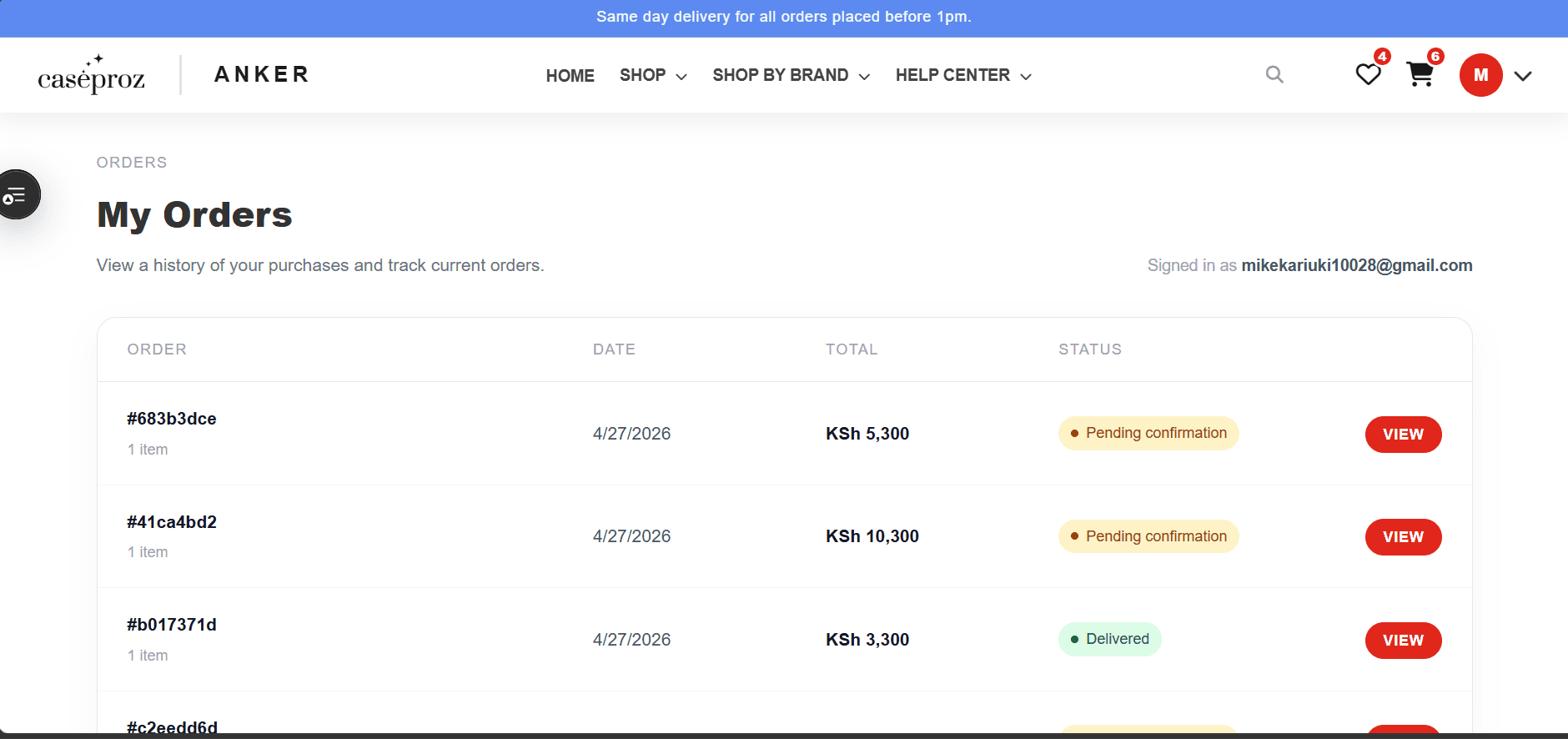 CaseProz — Order History