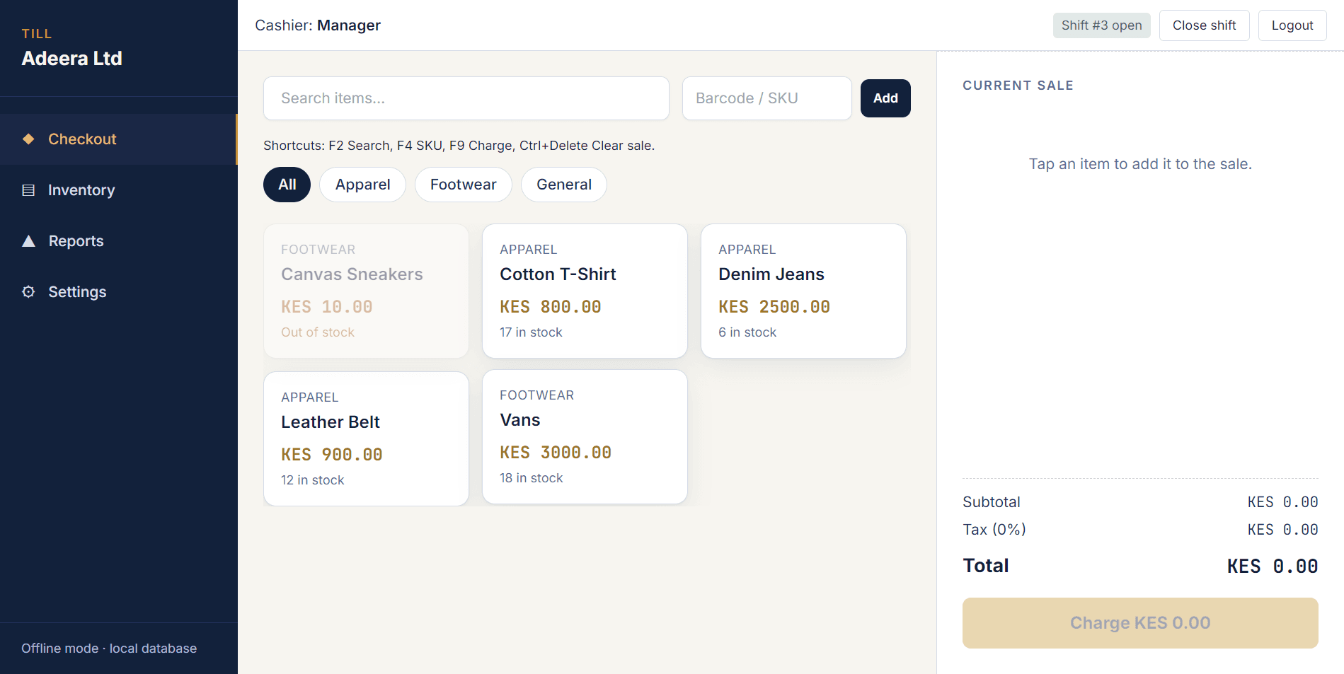 Kesho Labs POS — checkout screen